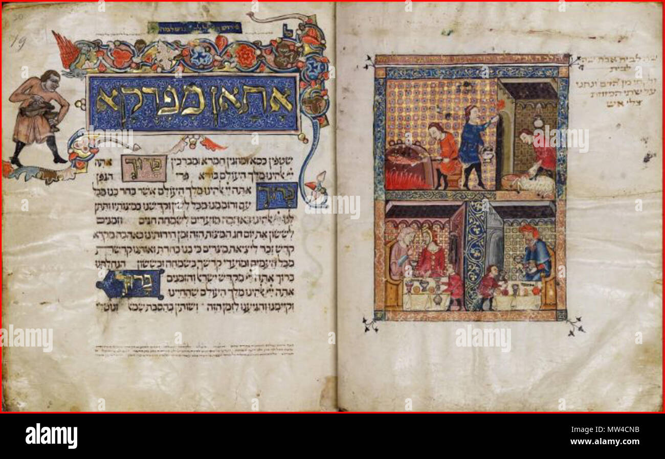 . Deutsch: Das rylands Haggada: Die Vorbereitung des Osterlammes und die Kennzeichnung der Tür (oben); die Feier der Seder (unten) [fols. 19v-20r] Medium: Tempera, Gold und Tusche auf Pergament Abmessungen: Insgesamt: 11 1/2 x 9 5/8 x 1 7/16 in., 5.732 lb. (29,2 x 24,5 x 3,7 cm, 2,6kg). mid-1300s. Anonym 533 Rylands Hagaddah 19v - 20r Stockfoto