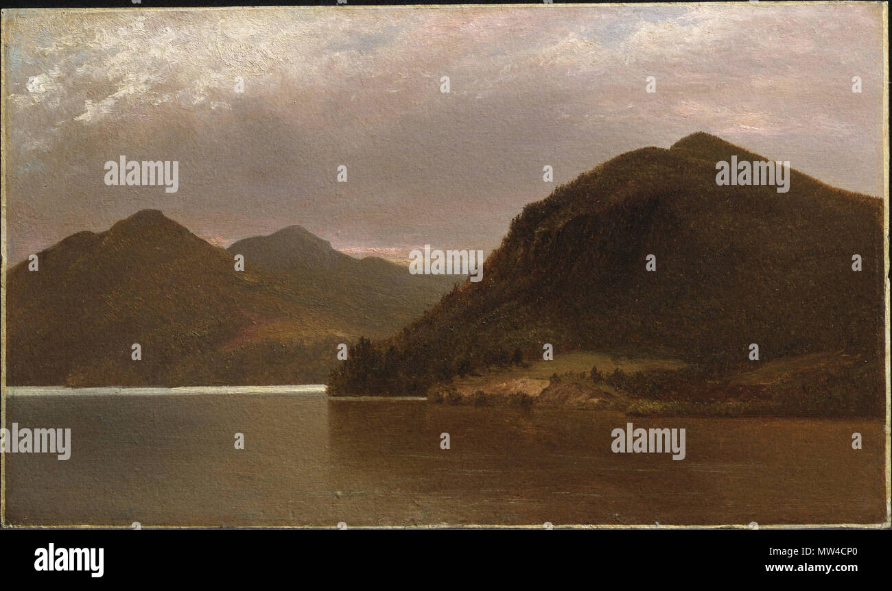. Lake George. Während der 1850er Jahre, John Kensett der Bildsprache entwickelt, weg von der herrlichen Panoramen der dramatischen Hudson River School Idiom zu umarmen, zusammen mit einer Reihe von Praktikern, die ruhiger, beschaulicher Ästhetik der Luminism. Im Einklang mit den philosophischen Prinzipien der Transzendentalismus und sein Befehl von Geist und Materie zu integrieren, Luminist Maler gesucht, daß die Gemeinschaft durch Infundieren, ihre Arbeit mit einem präzisen und meditativer Konzentration auf die Landschaft, vor allem durch eine Konzentration auf die Auswirkungen von Licht und Atmosphäre in den menschenleeren, Spa manifestiert zu erreichen Stockfoto
