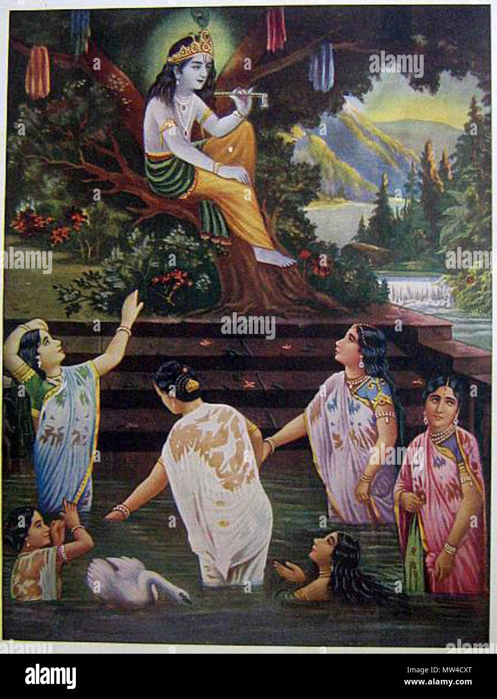 . Englisch: Ein diskreter Version, in der die gopis scheinen die meisten Ihrer Kleidung und Schmuck getragen zu haben, beim Baden (Bazar Kunst, c 1930) Quelle: ebay, Okt. 2006. 1930. Basar Kunst 502 Drucken 1930s Stockfoto