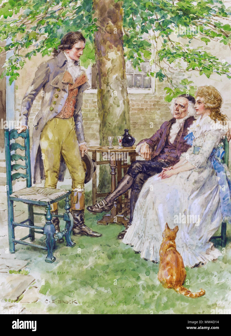 . Englisch: Eine Geschichte von zwei Städten. 'Dr Manette und Lucie mit Charles Darnay" Tusche und Aquarell Zeichnung 26,1 x 19 cm signiert b: C.E. Brock. Vor 1938. Charles Edmund Brock 22 Eine Geschichte von zwei Städten-Dr und Lucie Manette mit Charles Darnay, von Charles Edmund Brock Stockfoto