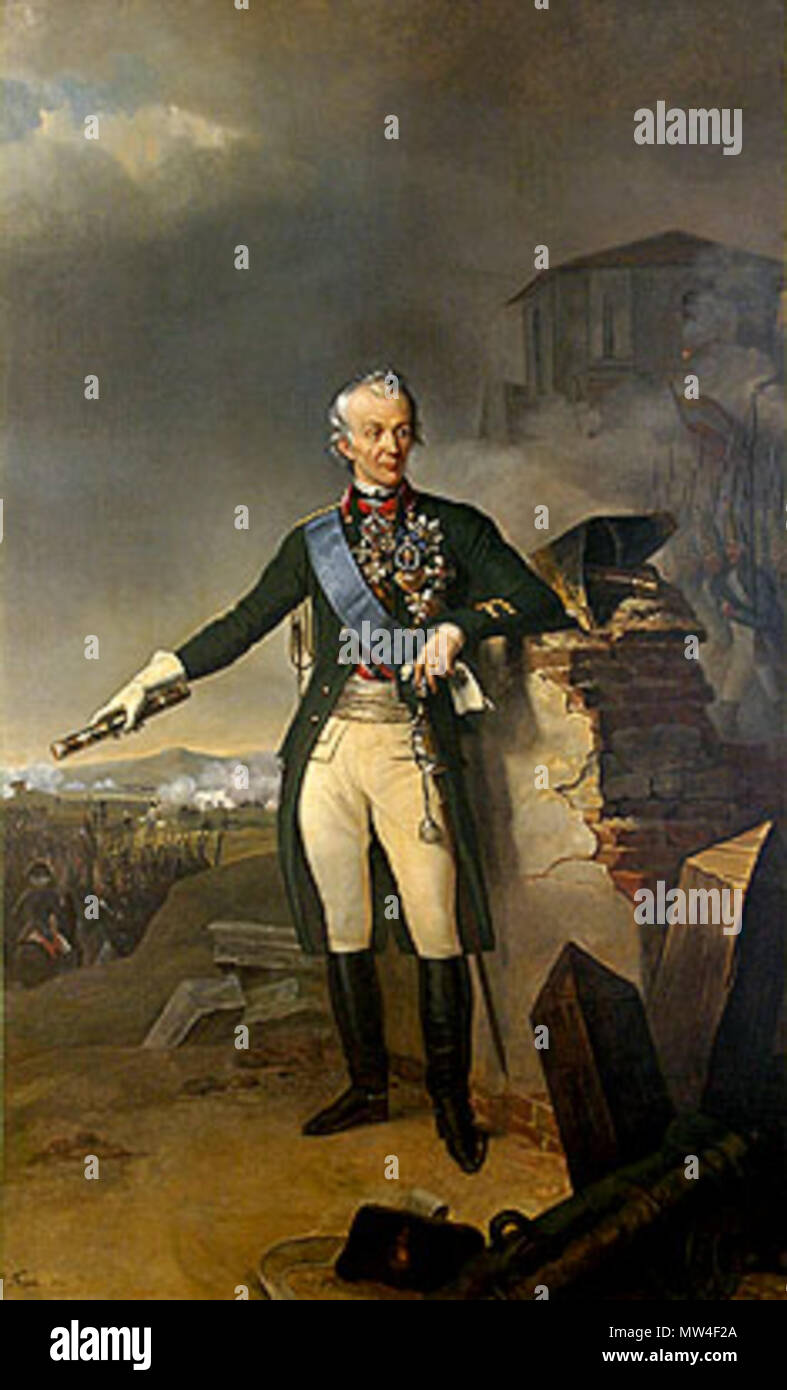 . Englisch: Alexander Wassiljewitsch Suworow (1730-1800), Russische Generalissimus, Grafen und Fürsten. Suvorov ist in seiner Uniform der Preobraschenski Regiments während der Regierungszeit von Paul I. von Russland getragen dargestellt. Auszeichnungen auf der Portrait sind wie folgt (von links nach rechts und von oben nach unten): Bestellung von St. Anna (verliehen am 30. September 1770) Porträt des Kaiser Paul I. von Russland Star der Orden des Heiligen Andreas des Erstberufenen (9. September 1787) verliehen, um der Heiligen Mauritius und Lazarus Abzeichen des Ordens vom Schwarzen Adler Stern des Ordens von St. George, 1. Klasse (18. Oktober 1789 vergeben) Gran Stockfoto