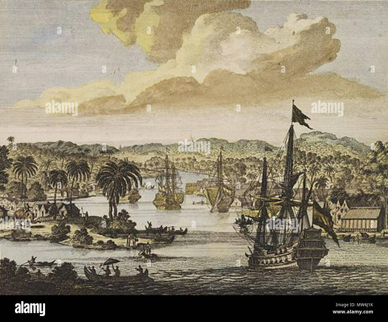 . Englisch: Blick auf den Hafen von Chittagong, gelegen an der Mündung eines Flusses voller Schiffe, einschließlich einer niederländischen Ostindienfahrer. 27 Februar 2013, 14:10:39. SCHENK, P.-Bandel, de Reede van de vermaerde Koopstadt Arrakan (Chittagong) 174 NIEDERLÄNDISCHEN VOC-Schiffe in Chittagong oder Arakan Stockfoto