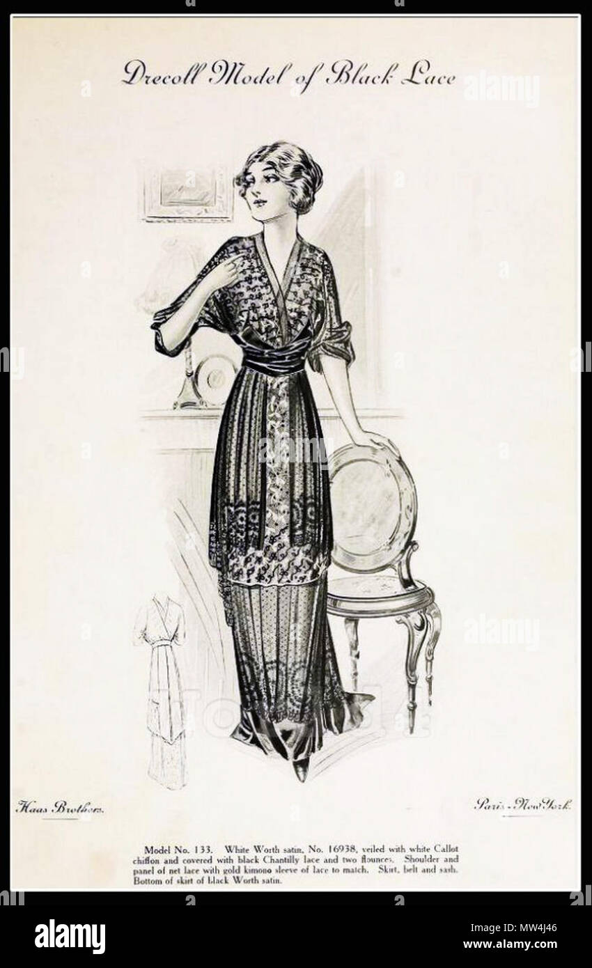 . Englisch: Fashion Design von Christoph Drecoll (1851 - 1939). White Satin" Wert Drecoll Modell aus schwarzer Spitze", mit weissen Callot chiffon verhüllt und mit schwarzen Chantilly spitze und zwei Volants abgedeckt. Schulter und Verkleidung der Net Spitze mit Gold kimono Hülse der Spitze zu entsprechen. Rock, Gürtel und Gürtel. Unterseite des Rock aus schwarzem Satin Wert. Cocktail Kleid von couturier Baron Christoph-von-Drecoll. Von Haas Brothers veröffentlicht. 8 März 2013, 18:25:57. Christop Drecoll (1851-1939) 170 Drecoll Modell aus schwarzer Spitze. Paris Saison Frühjahr 1913 Stockfoto