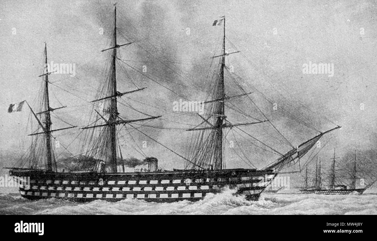 . Englisch: Französische Schiff "Bretagne" im Jahr 1855 vom Image gestartet: La vaisseau ein helice Breragne, de 130 Kanonen, deplacant 6.873 Tonnen, Lance en 1855. Aquarelle de F. Roux. - Musée de ein Marine.) --Phot.porte. . François Roux 439 Navire Bretagne Stockfoto