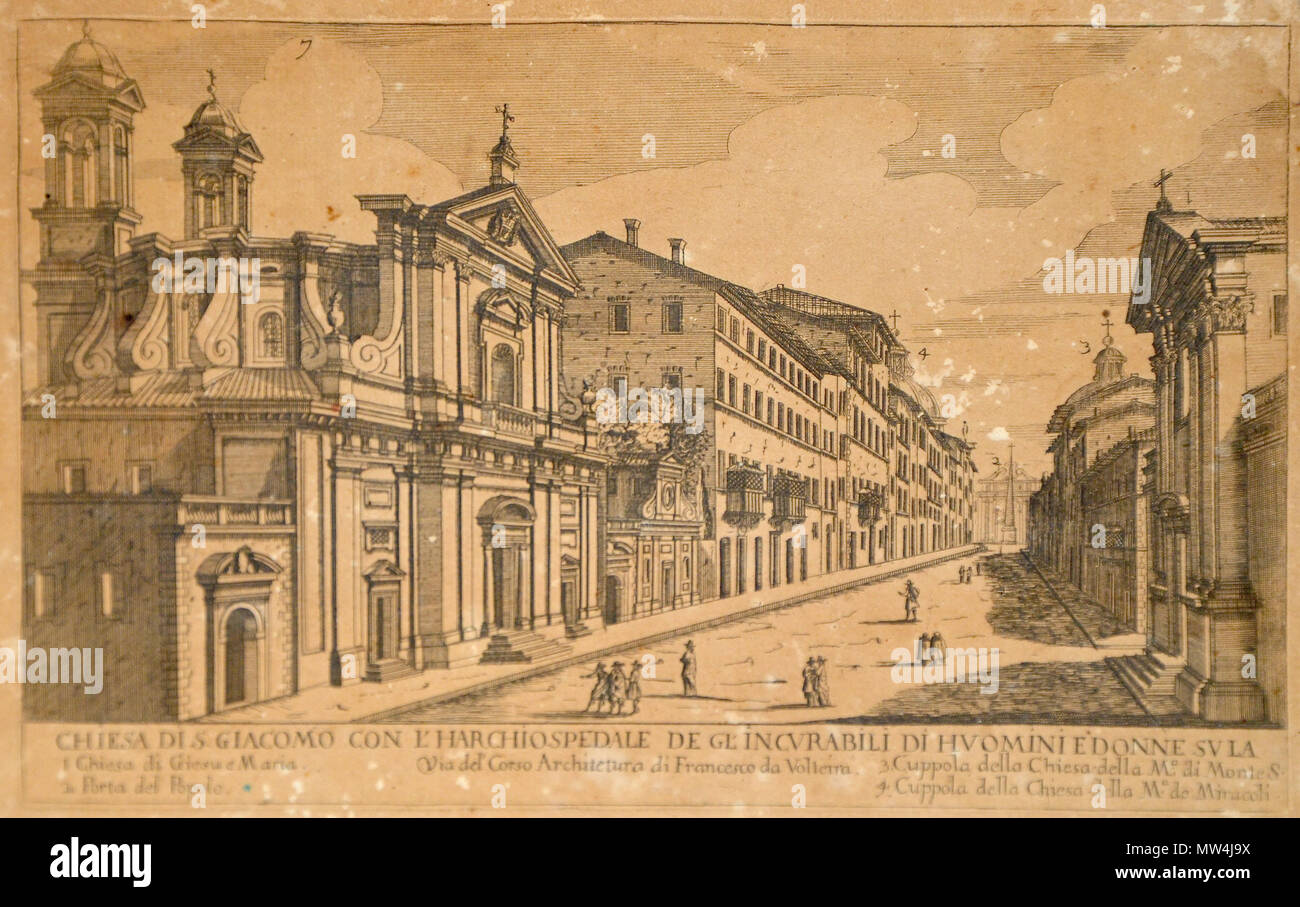 . Italiano: Chiesa di S. Giacomo con l'harchiospedale de glincvrabili di homini Donne SV LA Via del Corso Achitectura di Francesco da Volterra. 1. Chiesa di Gesue Maria 2. Porta del Popolo 3. Kuppel della Chiesa della M. di Monte S. 4. Kuppel della Chiesa della M. de Miraccoli Speicherort des Bildes: Jardins d'Alfàbia. Wahrscheinlich dazwischen 1700-1800. Unbekannt 126 Chiesa di S. Giacomo Stockfoto