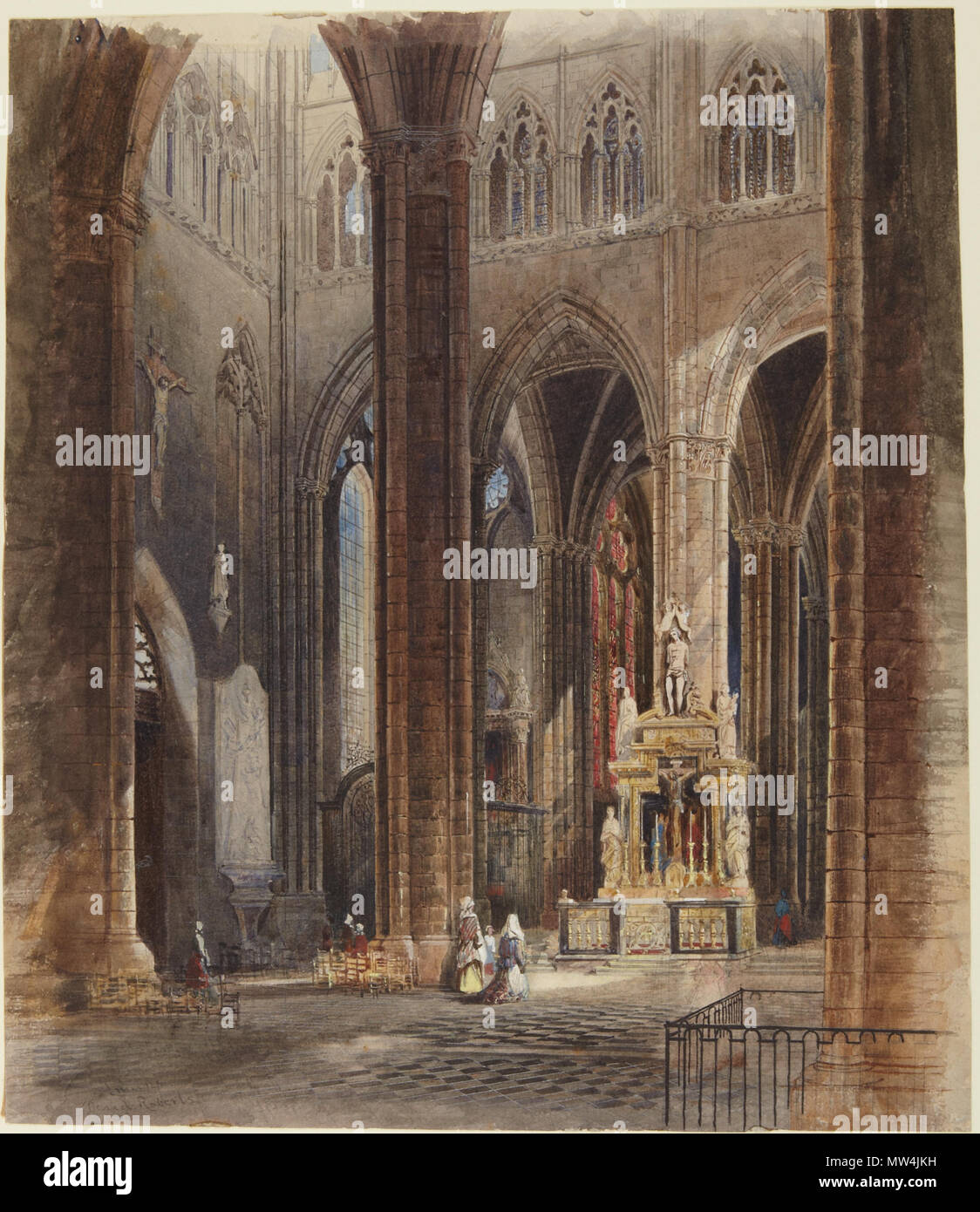 . Englisch: David Roberts, Brite, in Schottland, 1796 geboren - 1864 Innenraum der Kathedrale von Amiens, Ca. 1827 Aquarell auf Creme webte Papier 36,3 x 31,3 cm (14 5/16 x 12 5/16 in.) Gabe von Robert A. Koch, Graduate School Kategorie von 1954 x 1969-380 Roberts war als Maler in der dekorativen Interieur spezialisiert hat, zu einer Zeit als wohlhabender Gönner oft solche Handwerker zu aufwendige Trompe-l'oeil-architektonischen Auswirkungen auf historische Modelle erstellen Bedarf ausgebildet. Obwohl seine außergewöhnlichen Fähigkeiten schnell zu einer erfolgreichen Karriere in London als Designer und Maler der theatralischen Sets und Panoramen geführt, er u Stockfoto