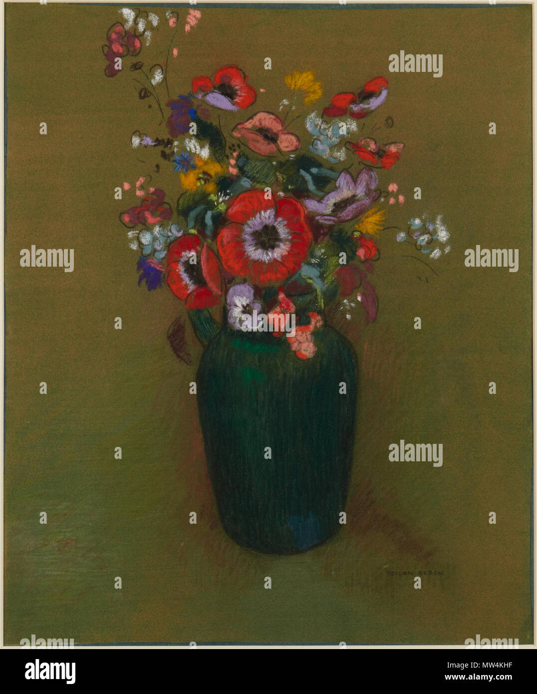 . Englisch: Odilon Redon, Französisch, 1840-1916 Vase mit Blumen, Ca. 1900-10 Pastell an Bord 46,2 x 38,7 cm. (18 1/4 x 15 1/4 in.) Rahmen: 66,6 × 56,3 × 4 cm (26 1/4 x 22 3/16 x 1 9/16 in.) Gabe von Edward R. Schaible, Klasse von 1934 x 1985-15. ca. 1900-10 11 1900, Redon, Odilon, Vase mit Blumen Stockfoto