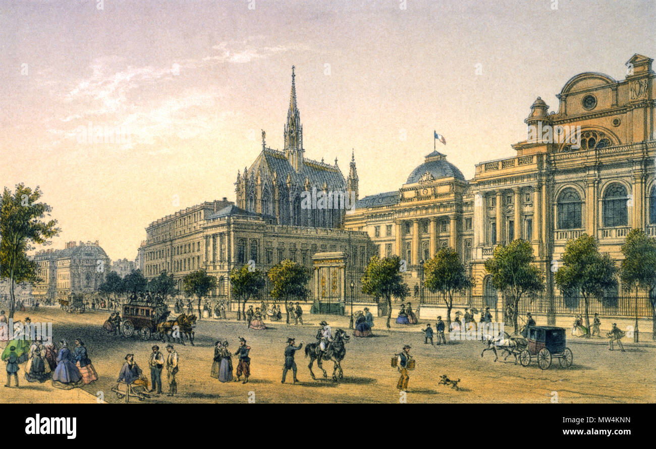 . Englisch: Paris - Vue du Palais de Justice. Paris: Années 1860. dessiné d'après Nature par Isidore Laurent Deroy, lithographié par Becquet, édité par Morier Frères 468 Paris - Vue du Palais de Justice Stockfoto