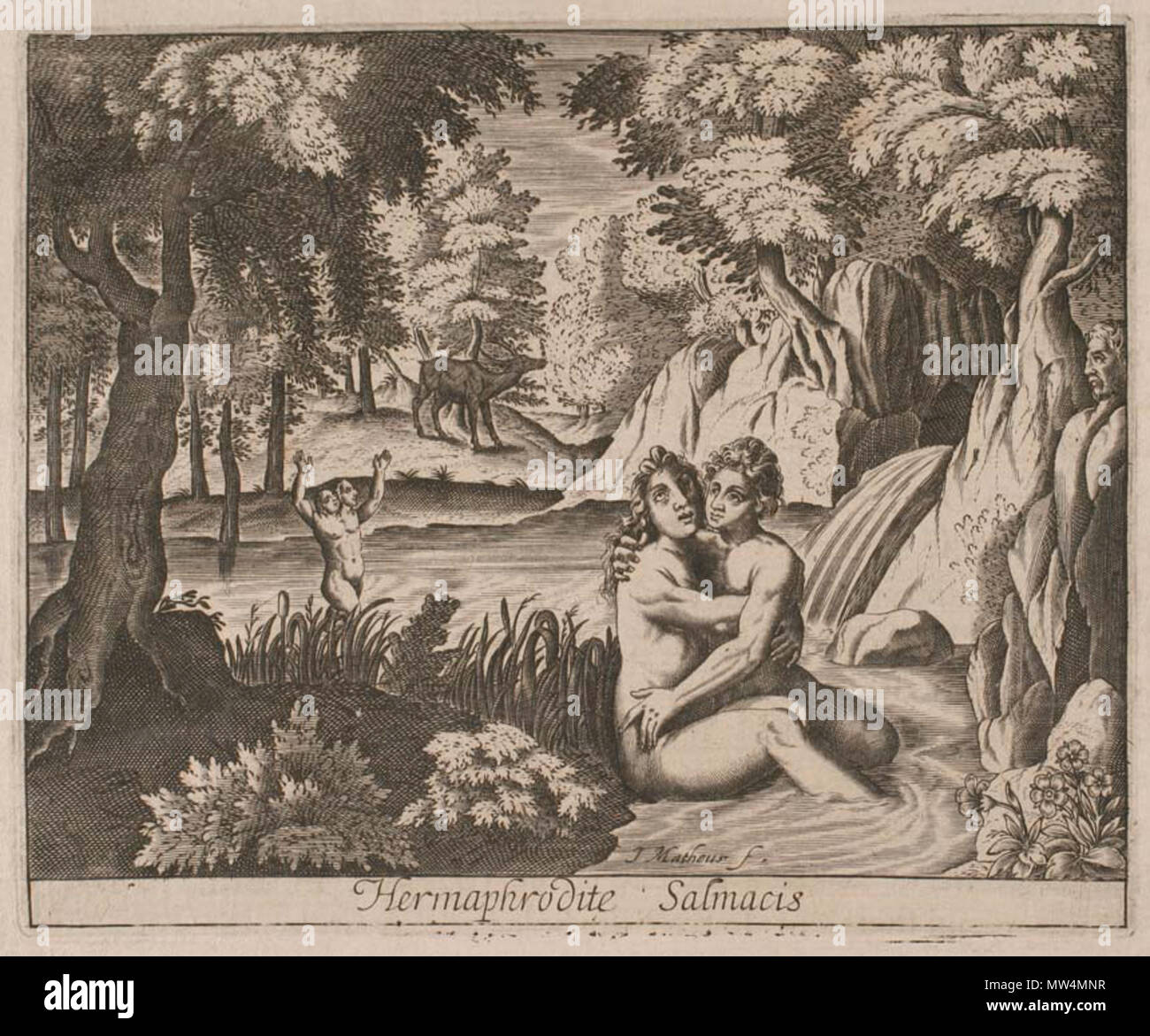 . Français: Hermaphrodit et Salmacis. Les Metamorphosen d'Ovid Traduites de Prosa Francoise, et de Nouveau soigneusement reveues, avec XV. Discours 1651. 1651. Jean Matheus (1590-1672) 276 Hermaphrodit Salmacis Stockfoto
