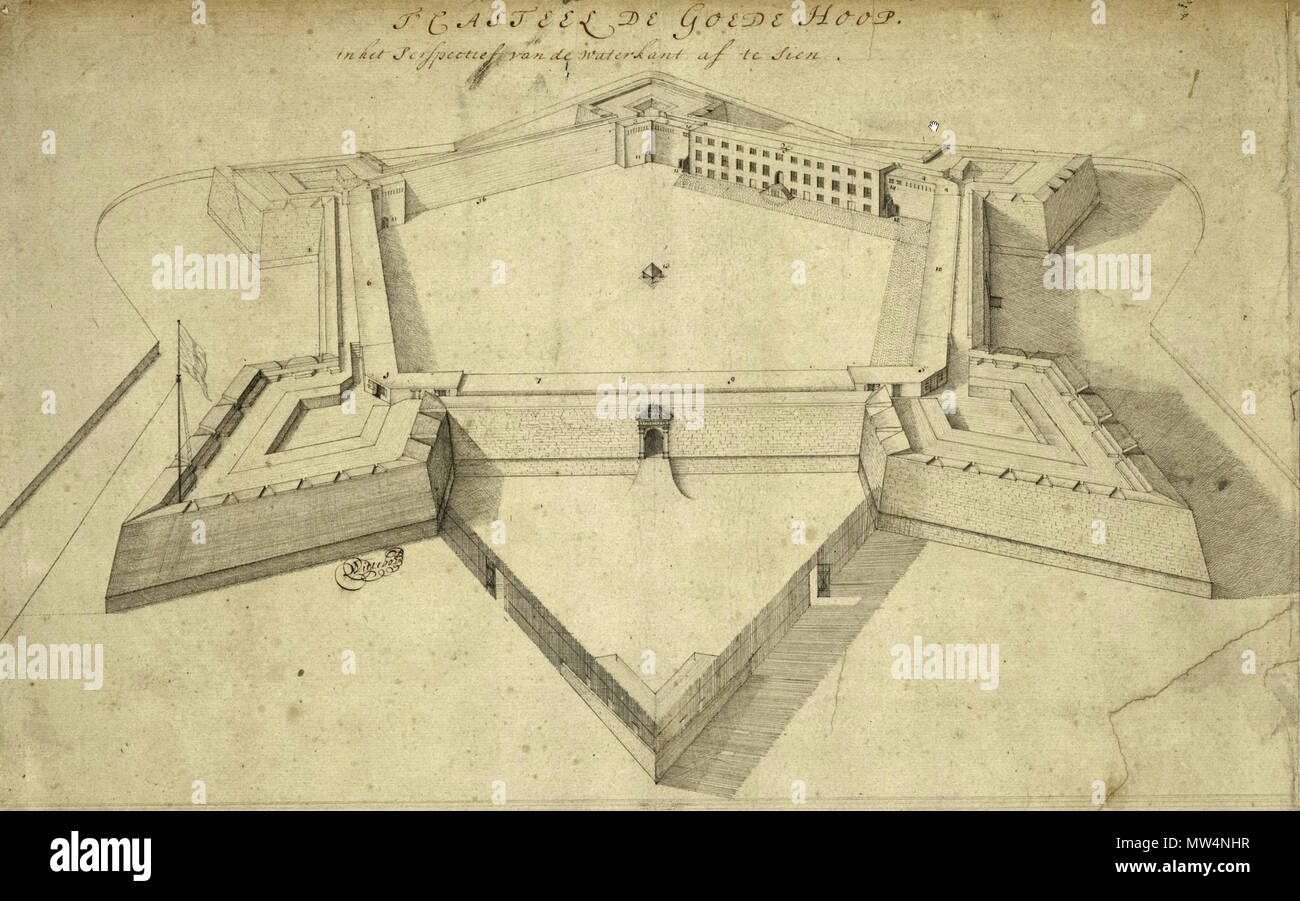 . Nederlands: Lincurbovendeel van blad5d uit Het eerste Deel van de voormalige Atlas Amsterdam, Tür Isaak de Graaf. Origineel berust bij het Nationaal Archief onder Nummer 4. VEL830. Deze deeltekening draagt als extra Wittebol signatuur de naam''. . Diese Datei fehlt, Informationen zum Autor. 336 Kasteel De Goede Hoop ca. 1680 Stockfoto