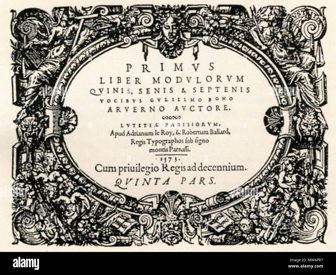 . Français: Titelseite von Guillaume's Boni Motetten (Paris: Le Roy et Ballard, 1573). 1 Mai 2014, 10:34:59. Le Roy et Ballard, Musik Drucker (Paris) 90 Boni 1573 Stockfoto