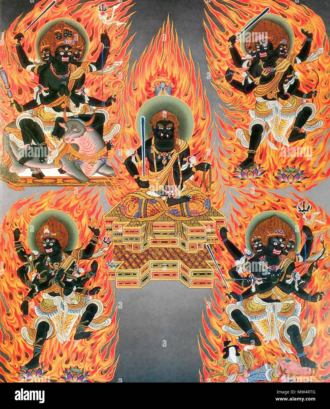 . Englisch: Die fünf Könige Weisheit ist das wichtigste Gruppierung der Weisheit Könige (Vidyaraja) in esoterischen Buddhismus. Sie sind zornvolle Manifestationen der Fünf Weisheit Buddhas. 1. juli 2014, 02:37:36. Unbekannt 595 Die fünf Weisheit Könige Stockfoto