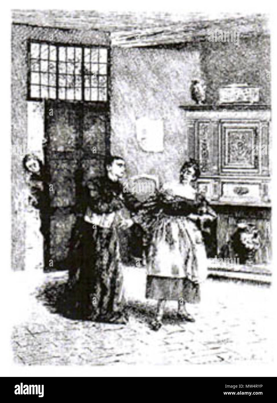 . Englisch: Diese Szene zeigt Liebe Dreieck unter Don Cherubin der Protagonist und Nise der Haushaltshilfe und der Valet-de-Saal im Haus der Contandor. 1881. R. DE LOS RIOS 196 ÄTZEN BILD BACHELOR VON SALAMANCA kopieren Stockfoto