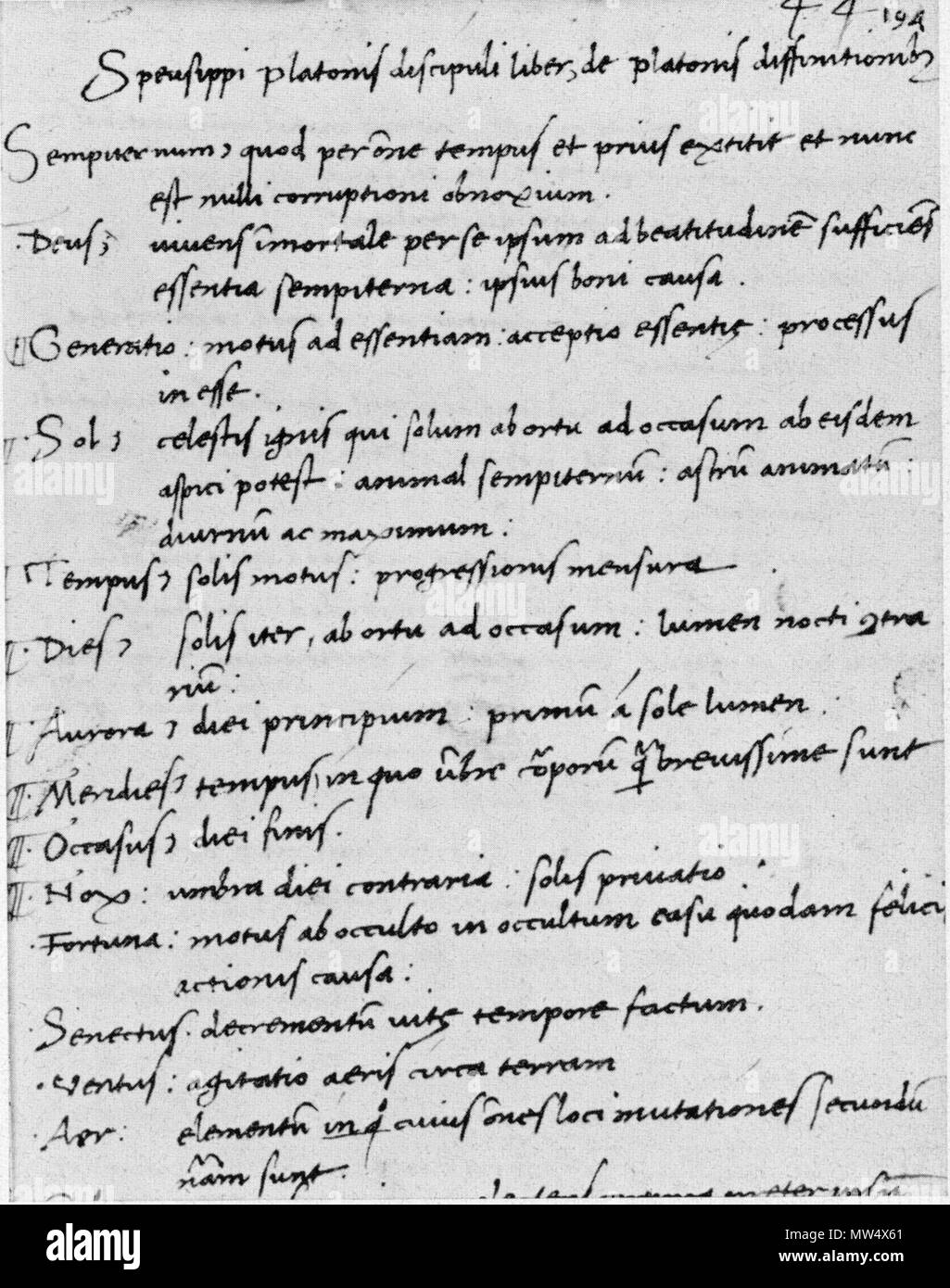 . Deutsch: Das horoi früher zu Platon zugeschrieben, lateinische Übersetzung von Marsilio Ficino (De definitionibus Platonis); Ficino's Autogramm. Paris, Bibliothèque Nationale, Suppl.gr. 212, fol. 194 r. English: Pseudo-Platon, horoi. Lateinische Übersetzung von Marsilio Ficino (De definitionibus Platonis). Autogramm. Paris, Bibliothèque Nationale, Suppl.gr. 212, fol. 194 r. 15. Jahrhundert. Unbekannt 504 Pseudo-Plato, Horoi, Paris, Suppl.gr. 212 Stockfoto