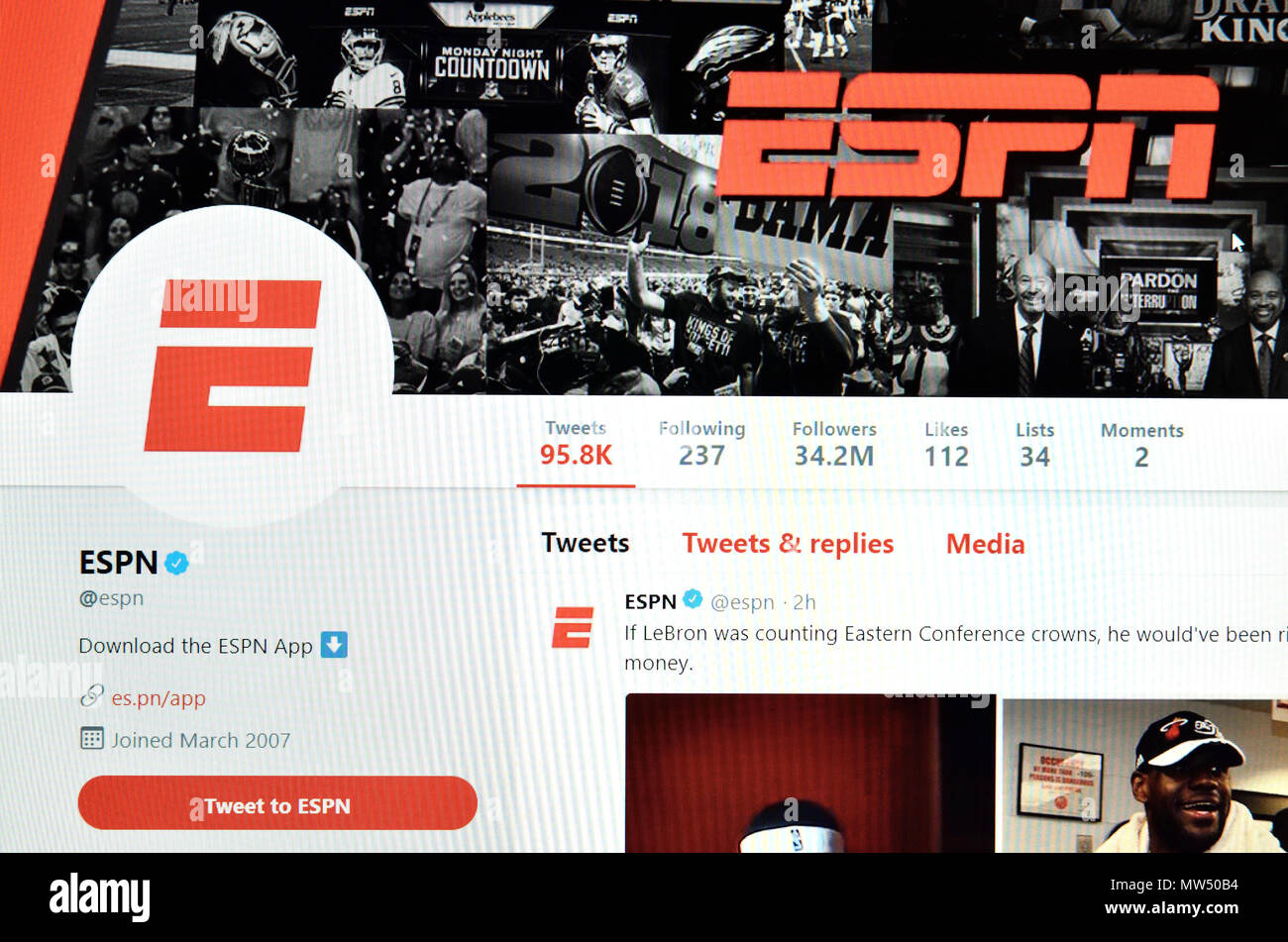 ESPN Twitter Account Seite (2018) Stockfoto