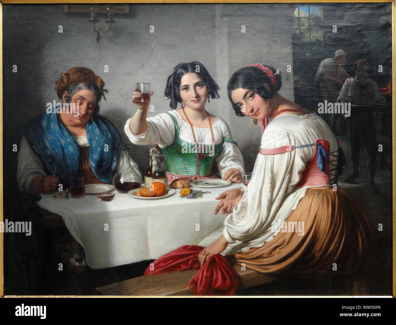 . Italienische Osteria Szene, Mädchen begrüßen eine Person eingeben. Malerei in der Ny Carlsberg Glyptotek, Dantes Plads 7, Kopenhagen, Dänemark ausgestellt. Dieses Kunstwerk ist nun in der Öffentlichkeit, weil der Künstler vor mehr als 70 Jahren starb. 1847; 2012-05-12 08:21:43. Daderot 301 italienischen Osteria Szene, Mädchen begrüßen eine Person eingeben, durch Wilhelm Marstrand - Ny Carlsberg Glyptotek Kopenhagen - DSC 09271 Stockfoto