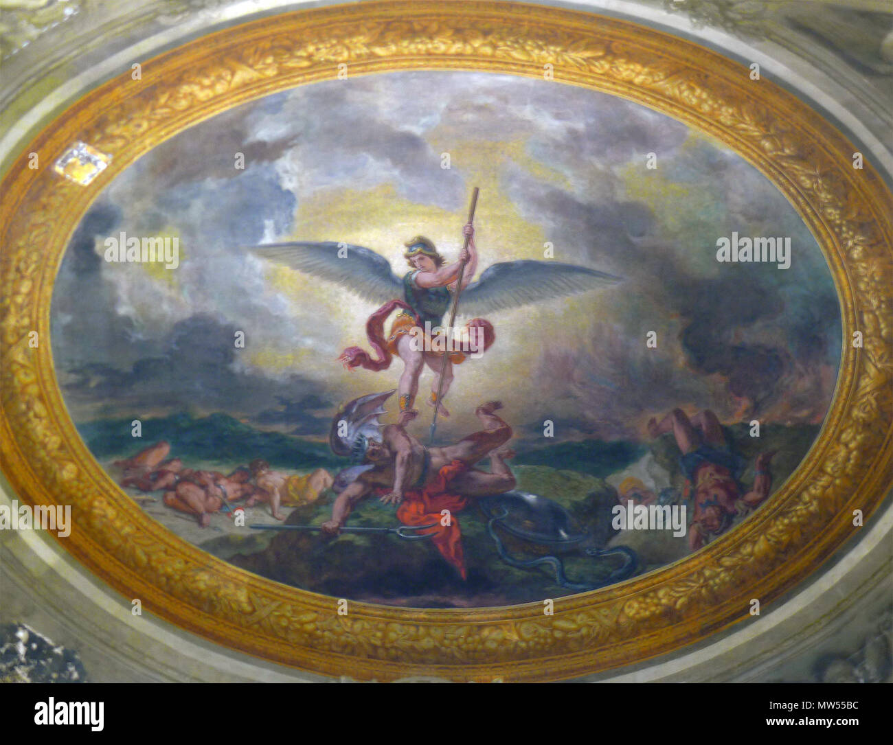 . St Michael Niederlagen der Teufel. Français: Église Saint-Sulpice-Paris VI Chapelle-des-Saints-Anges Huvé décorée par une toile marouflée Peinte par Eugène Delacroix. 5 März 2015, 16:48:10. Mbzt 462 P 1310536 Paris VI eglise St-Sulpice chapelle Sts-Anges coupole rwk Stockfoto