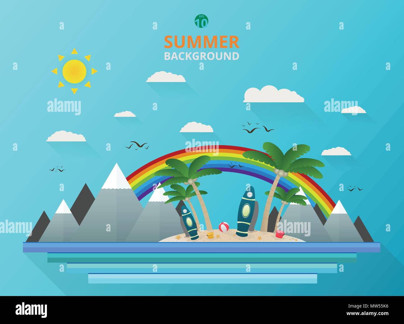 Stilvolle von Outdoor Sommer Hintergrund mit Rainbow und Kunst Kombination Vektor. illustration Vector EPS 10. Stock Vektor