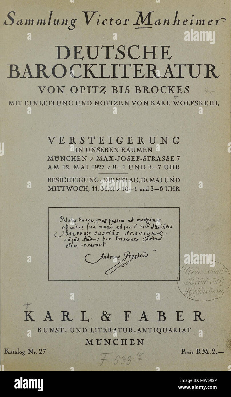 . Englisch: Titel der Auktion der barocken Bücher Victor Manheimer. 1. Januar 0001. Victor Manheimer 255 Gryphius Barockbibliothek Stockfoto