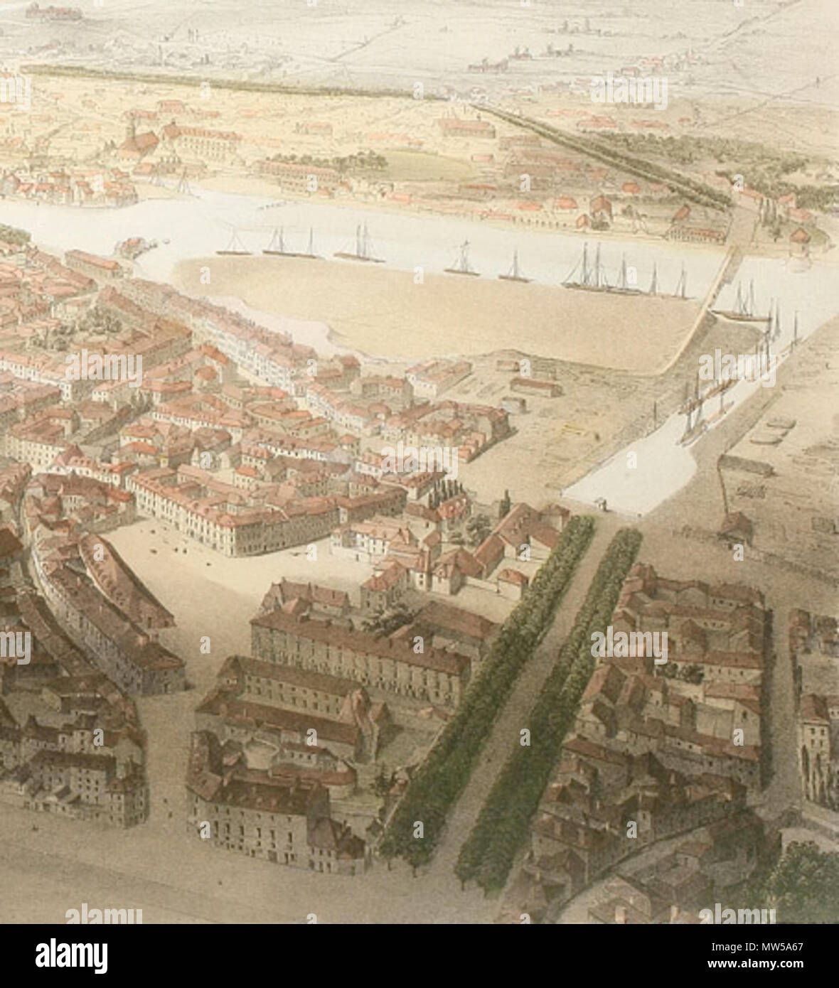 . Français: Le port Ayrault en 1848, détail de la Lithographie d'Alfred Guesdon, "Angers". Arch.-mun. Angers, 2 Fi 336. 31. Dezember 1848. Alfred Guesdon 363 Le port Ayrault d'Angers en 1848 Stockfoto