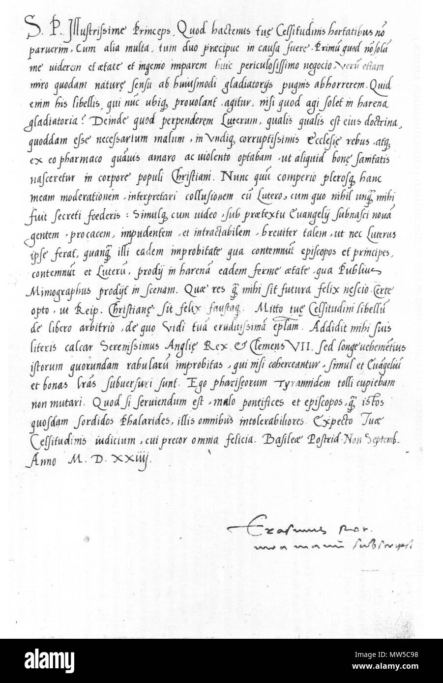 . Englisch: ein Brief von Erasmus zu Georg, Herzog von Sachsen, erklärt Erasmus' Ansichten von Luther und der Reformation. Sächsisches Staatsarchiv, Hauptstaaatsarchiv Dresden, 10024 Kassel (Geheimes Archiv), Locat 10300/4, der Sel. 26. Deutsch: Schreiben des Erasmus ein Herzog Georg von Sachsen: Erasmus begründet seine Stellung zu Luther und der Reformation. Sächsisches Staatsarchiv, Hauptstaaatsarchiv Dresden, 10024 Kassel (Geheimes Archiv), Locat 10300/4, der Sel. 26. 1524. 192 Erasmus Erasmus, Brief an Georg, Herzog von Sachsen Stockfoto