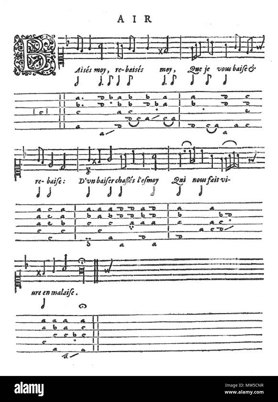 . Français: Air de Joachim Thibault de Courville, Dans: Airs de différents Auteurs, mis en Tabulatur de Luth par Gabriel Bataille. Stufe cinquième livre. - Paris, Pierre I Ballard, 1614. RISM 1614-10. 7 Februar 2016, 18:38:43. Air de Joachim Thibault de Courville. 145 Courville 1614 Stockfoto