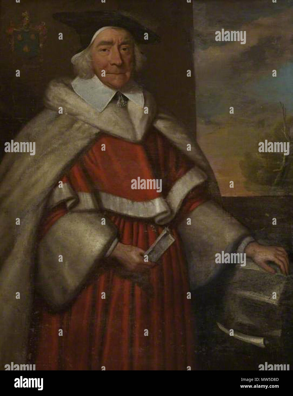 . Englisch: Ein historisches Porträt von Sir Thomas Malet, Solicitor General. Drei viertel länge, das Tragen von Roben, seine linke Hand ruht auf einem Stapel von Papieren. Mitte - Ende des 17. Jahrhunderts. English School 562 Sir Thomas Malet von Poyntington Stockfoto