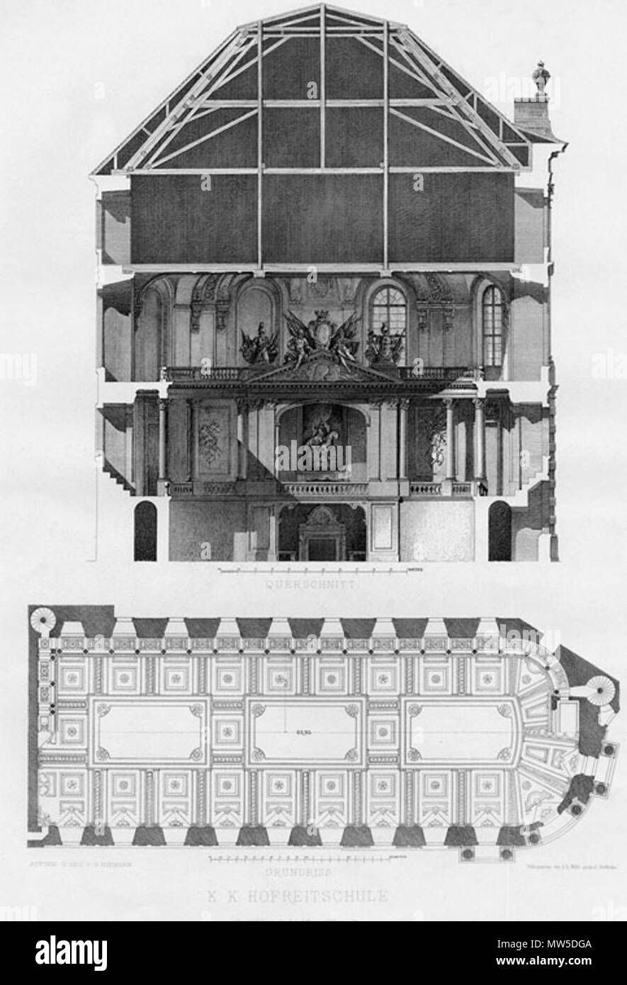 . English: Querschnitt und Grundriss der Winterreitschule, erbaut 1728-34 durch Joseph Emanuel Fischer von Erlach (In: Georg Niemann, Palast-Bauten des Barockstils in Wien, Wien 1883 ff.). 1883. Georg Niemann 238 Georg Niemann001 Stockfoto