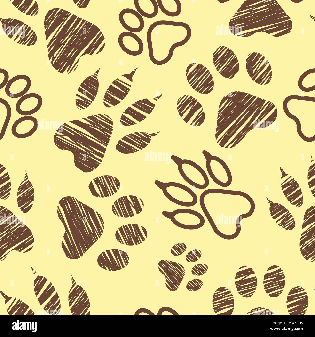 Nahtlose Muster mit Animal Footprints, pet-Pfoten Briefmarken auf weißem Hintergrund, die geschlüpften Tiere Schritte, Studien und Spuren, Vector Illustration Stock Vektor