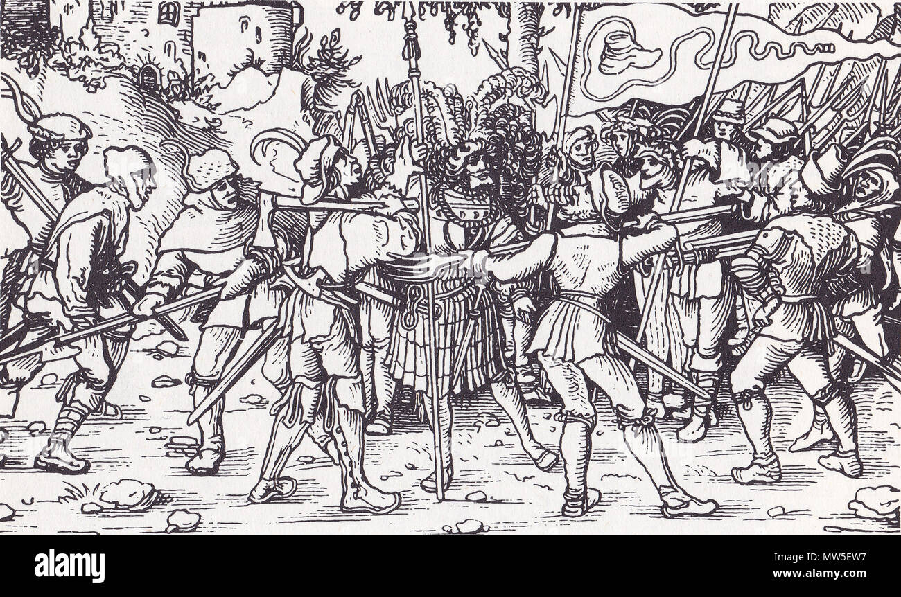 . Englisch: revoltierenden Bauern mit der bundschuh Flagge umschließt einen Ritter. Abbildung aus einem 1539 Buch. 1539. Unbekannt 518 aufständischen Bauern Stockfoto