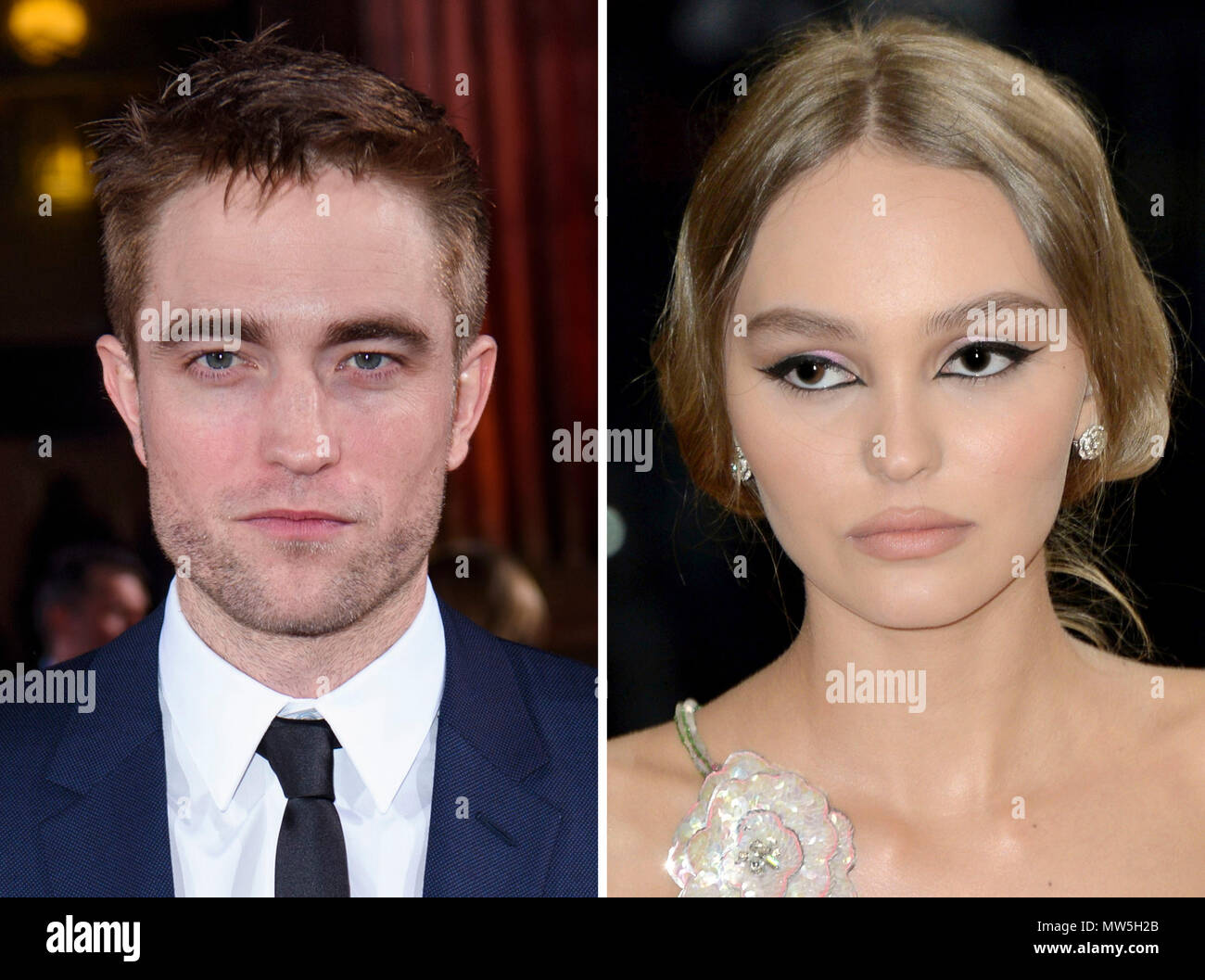 Undatierte Datei composite Foto von Robert Pattinson und Lily-Rose Depp, der die Besetzung von Netflix neue Shakespeare Spielfilm Der König angeschlossen haben. Stockfoto