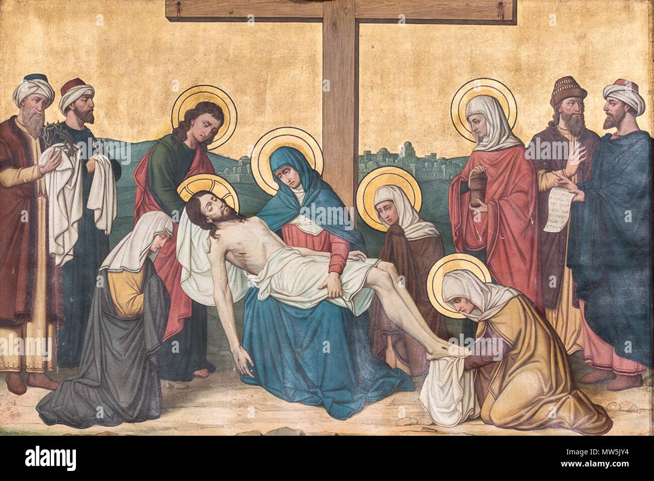 . Nederlands: Kruisweg, 13 e Statie, Christus wordt Van Het Kruis genomen. Öl auf Leinwand. 130 × 187 cm (51.1 x 73.6 in) (?). Duivendrecht, Sint-Urbanuskerk. 1885. Joseph Lücker 349 Kruisweg Sint-Urbanuskerk Duivendrecht statie 13. Stockfoto