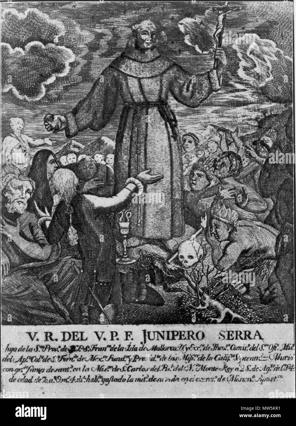 . Englisch: Abbildung: Junípero Serra Holding ein Kruzifix in der einen Hand und ein Stein auf den anderen zu predigen eine Masse der Eingeborenen. 1787. Francisco Palou 330 Junipero Serra Stockfoto