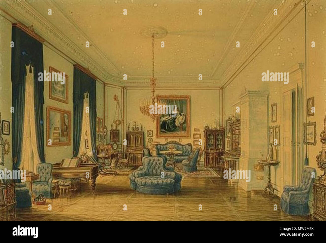 . Englisch: Johannes Rabe: das Innere einer Villa, 40 von 58 cm, signiert und datiert 1866 l.l. (Das Bild oben zeigt die Couch Prinzessin Wilhelmina Frederica Louisa Charlotte Marianne van Oranje-Nassau im Alter von 27 Jahren. Diese Arbeit wird durch Theodoor Hildebrandt (1804-1874) und in der Sammlung des Palais Het Loo auf Darlehen der Vereniging Oranje-Nassau gemalt.). 1866. Johannes Rabe 509 Rabe Innenraum Stockfoto