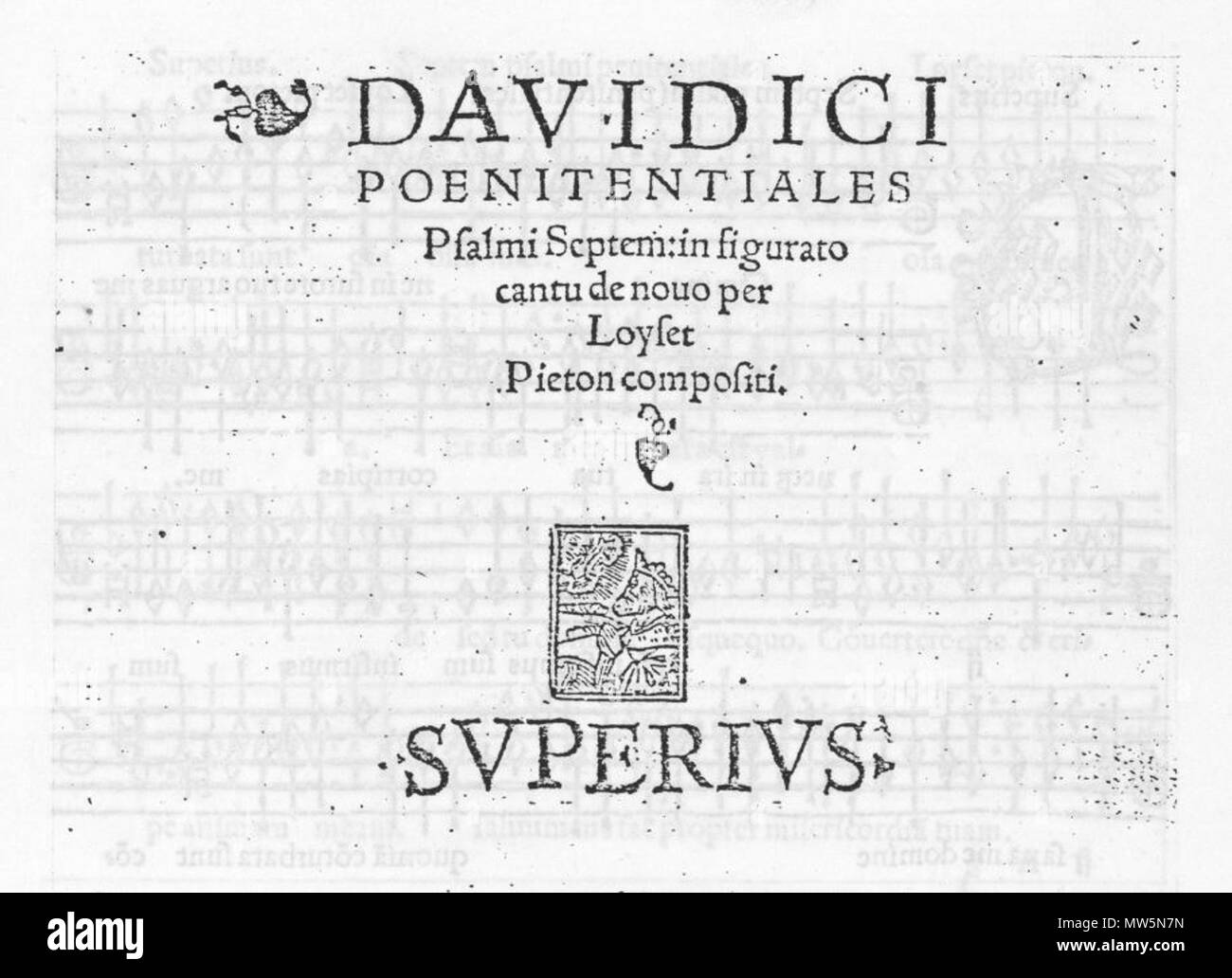 . Français: Titla Seite von Loyset Pieton's Psalmi poenitentiali (Lyon: Jacques Moderne, C. 1530). 1530. Loyset Piéton (Fl. 1530-1540). 483 Pieton - Psalmi poenitentiali 1530 Stockfoto