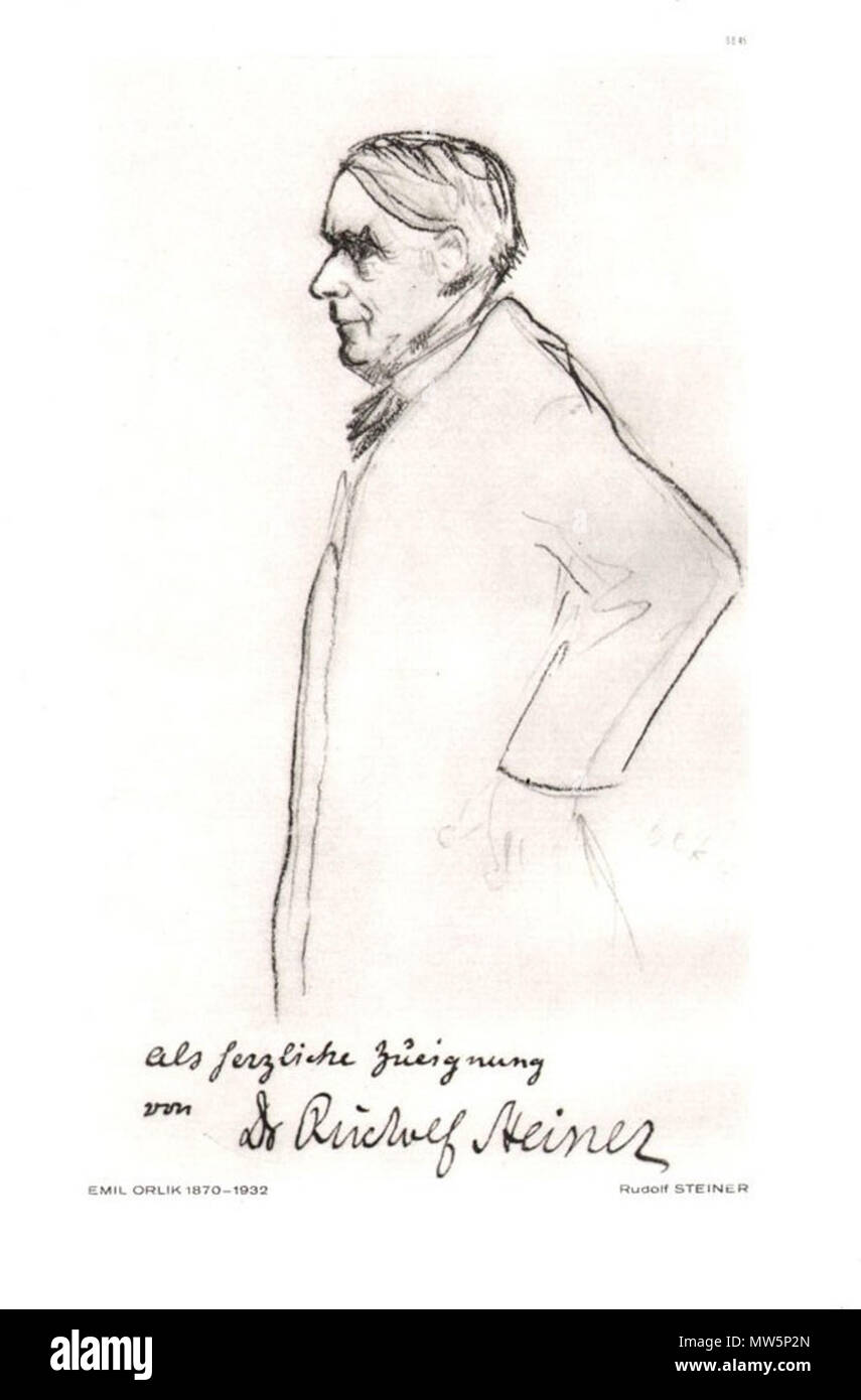 . English: Dr. Rudolf Steiner, gezeichnet von Emil Orlik, mit handschriftlichen Widmung von Steiner. Datum unbekannt. Emil Orlík (1870-1932) Alternative Namen: Emil Orlík Tschechische Beschreibung tschechischen Maler und Lithograph Datum der Geburt / Tod 21. Juli 1870 28. September 1932 Ort der Geburt / Todes Prag Berlin Authority control: Q 379150 VIAF: 49390293 ISNI: 0000 0001 0899 3252 ULAN: 500005216 82165925 LCCN: n GND: 118590243 WorldCat 169 Dr. Rudolf Steiner, von Emil Orlik Stockfoto