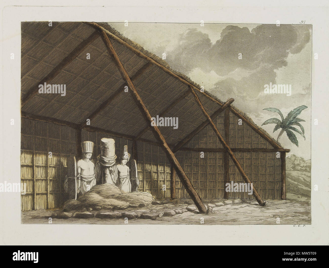 . Innenansicht eines Morai oder Begräbnisstätte in Atooi, einer der Sandwich-Inseln. 672 interne Ansicht einer Morai oder Begräbnisstätte in Atooi, einer der Sandwich Inseln, Le Costume Ancien et Moderne von Giulio Ferrario, 1827 Stockfoto