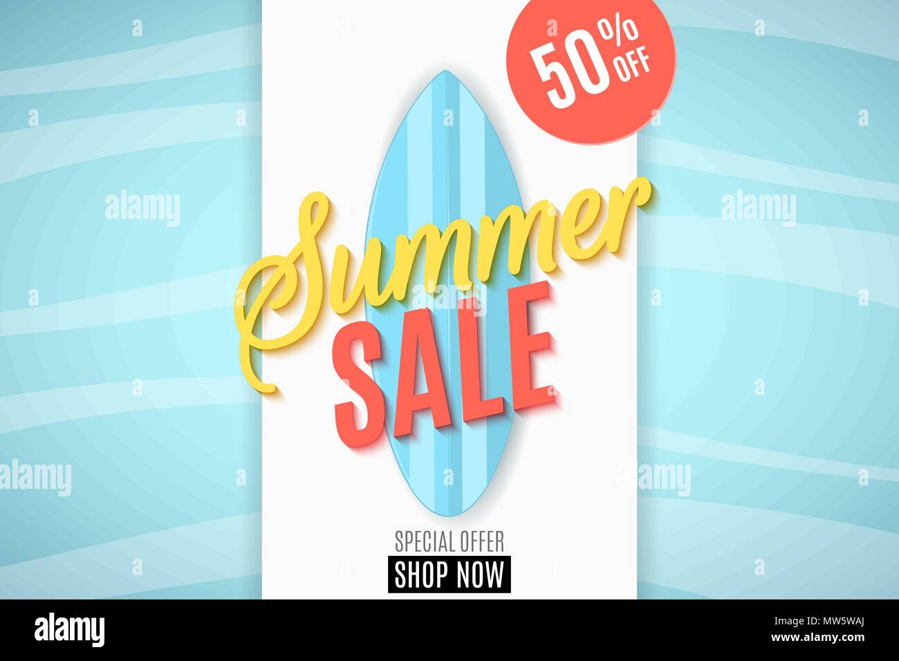 Summer Sale Flyer. Blaues Surfbrett und kalligrafischen Text. Cartoon Flat Style. Schriftzug. Große Rabatte. Pappabdeckung. Plakat für Ihre Web Store. Meer Stock Vektor