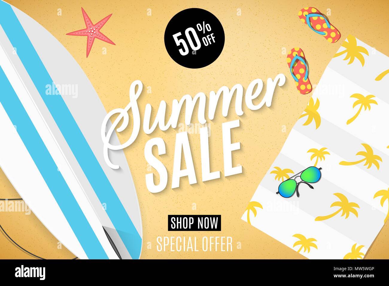 Summer Sale Banner für das Web. Surfboard am Strand, Sonnenbrille, Handtuch und Badelatschen. Der Sommer Dinge und Zubehör für Erholung im Freien. Groß Stock Vektor