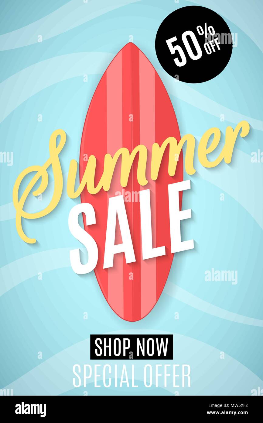 Summer Sale Flyer. Red Surfboard und kalligrafischen Text. Cartoon Flat Style. Schriftzug. Große Rabatte. Plakat für Ihre Web Store. Meer Wasser und Wellen. Stock Vektor