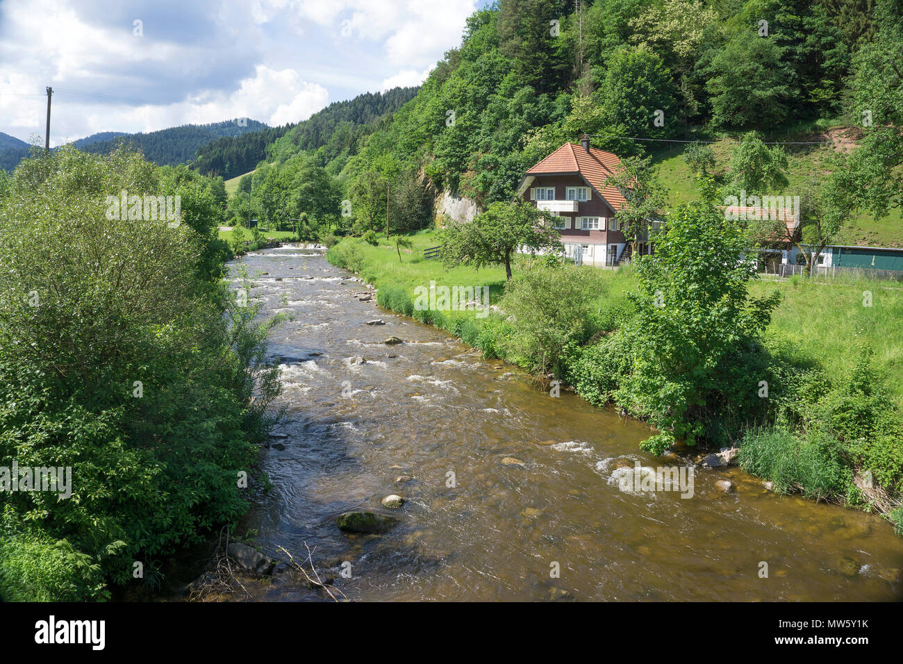 Schwarzwald Häuser in Endingen Fluss, Dorf Gutach, Schwarzwald, Baden-Württemberg, Deutschland, Europa Stockfoto