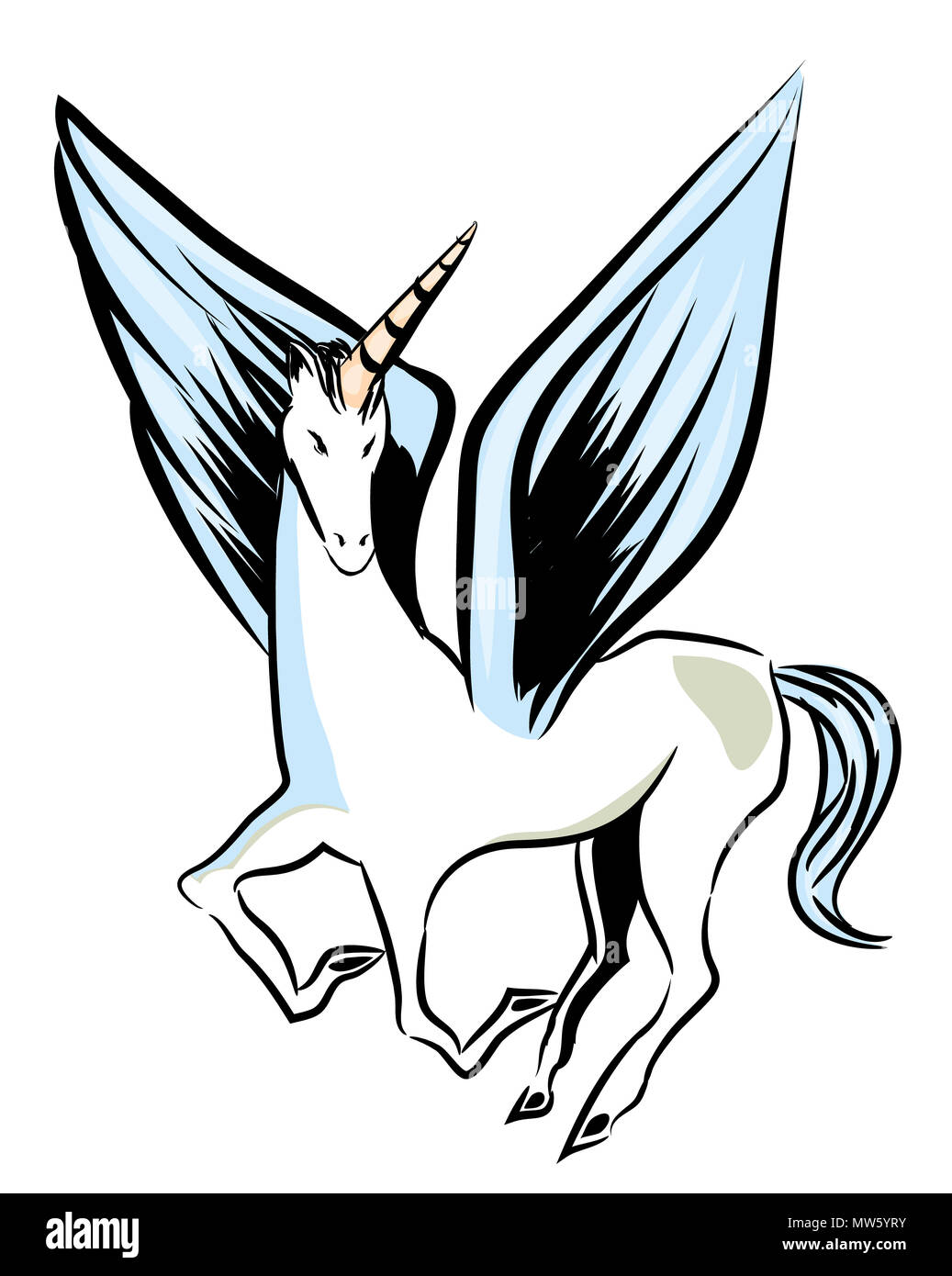 Fliegende Einhorn. Fliegende Einhorn mit großen Flügeln. Einhorn isoliert mit weißem Hintergrund. Stockfoto
