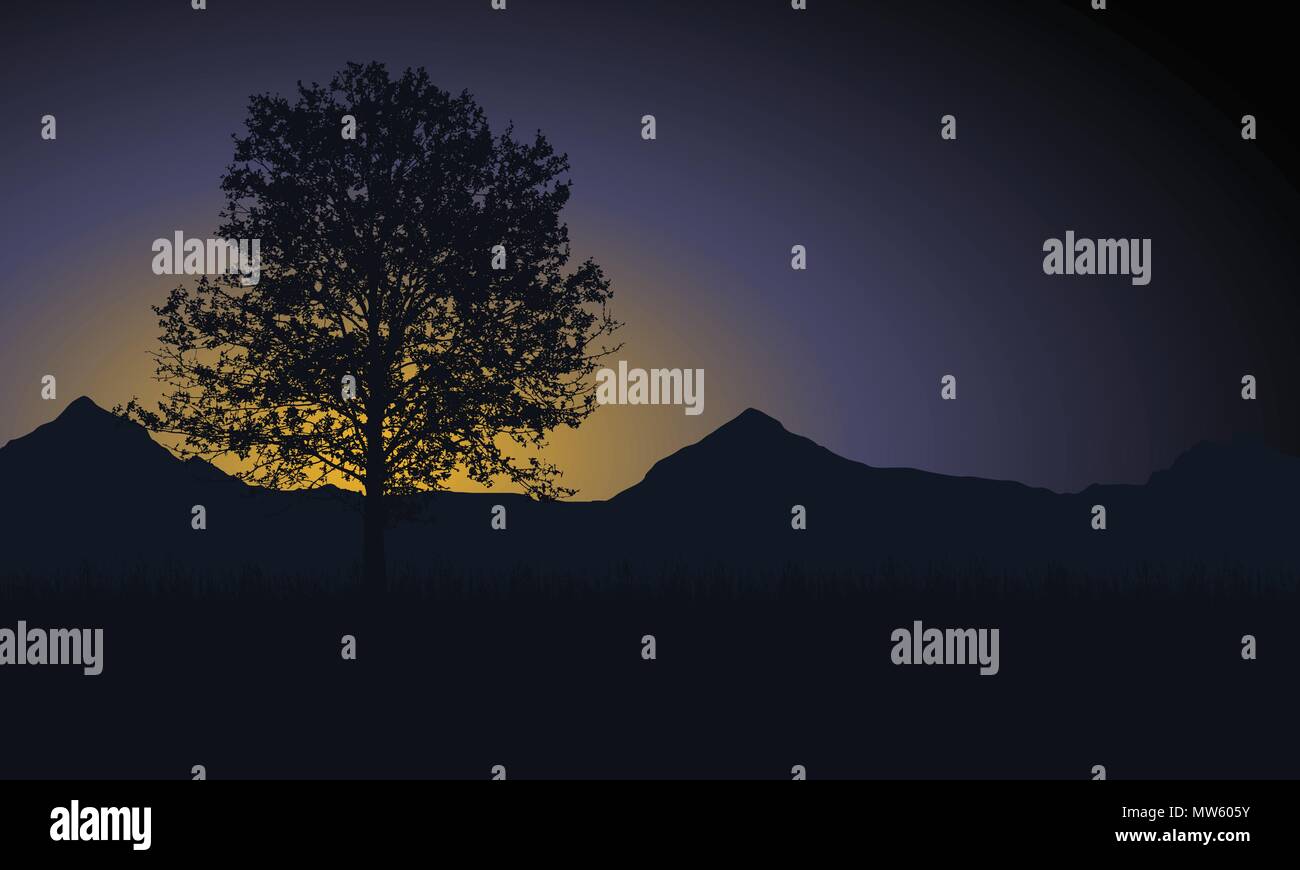 Baum mit Gras und die Berge im Hintergrund unter den Morgenhimmel mit der aufgehenden Sonne und Platz für Ihren Text - Vektor Stock Vektor