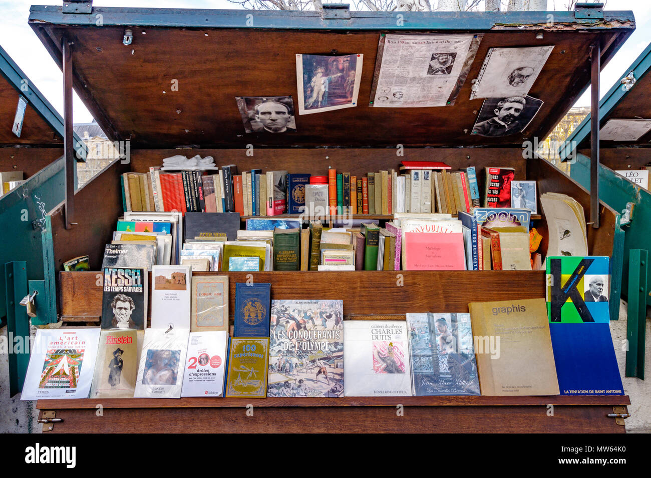 Riverside Bouquinistes, grünen Kästen Verkauf second hand Bücher zusammen Quai Malaquais am Ufer der Seine, Paris, Frankreich Stockfoto