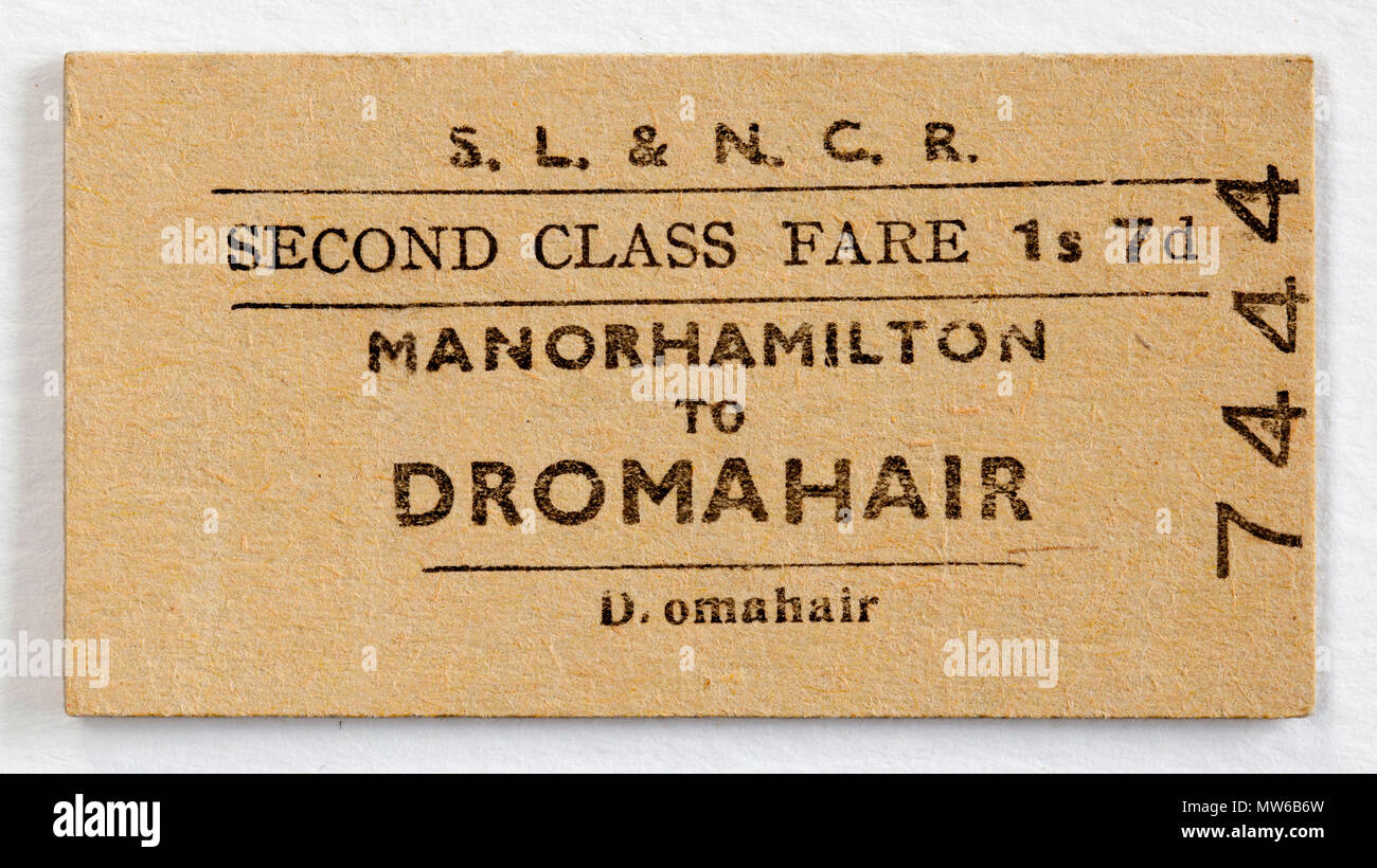 Vintage SL&NCR Bahn Ticket-Manorhamilton zu Dromahair Stockfoto