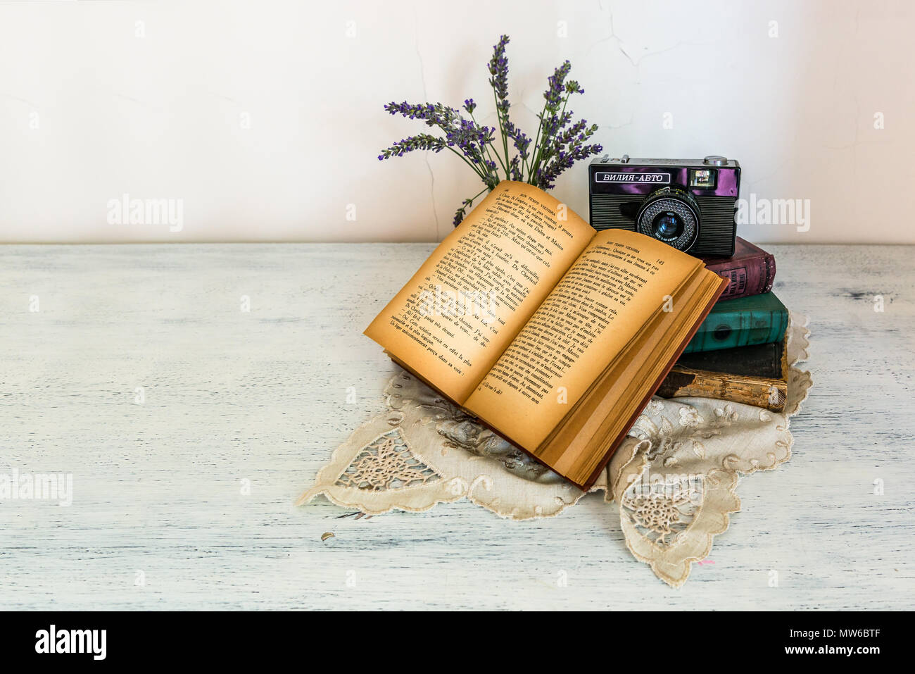 Alte Bücher, retro Kamera und Lavendelblüten Stockfoto