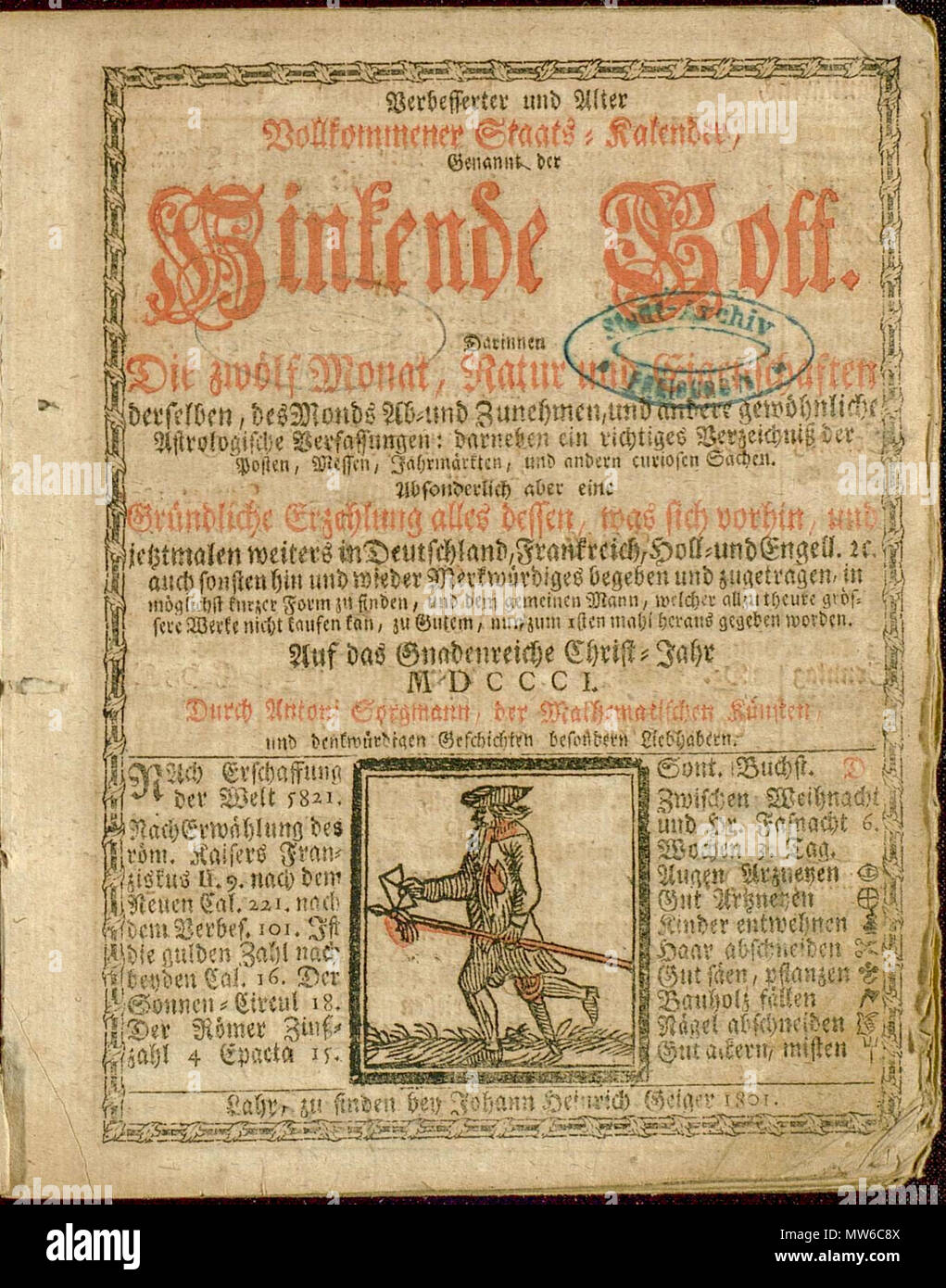 . Der erste "lahrer Hinkende Bott" aus dem Jahre 1801. 20 Dezember 2017, 09:15:02. Unbekannt 357 LahrerHinkendeBott Stockfoto