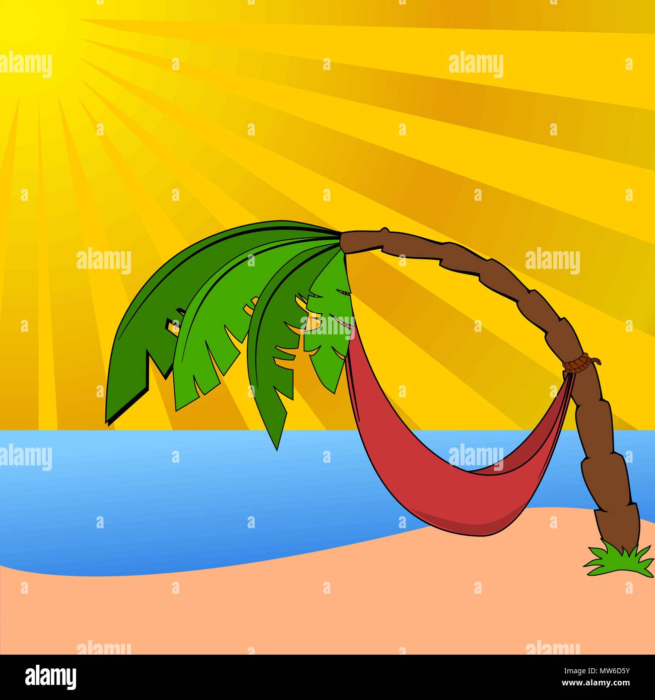 Palmen am Strand mit Sonne, Vector Illustration Stock Vektor