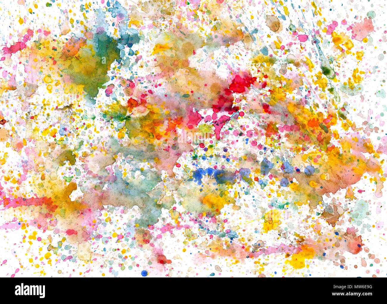 Aquarelle Splatters, Splinter, Flecken, blots und Blobs auf Papier Stockfoto