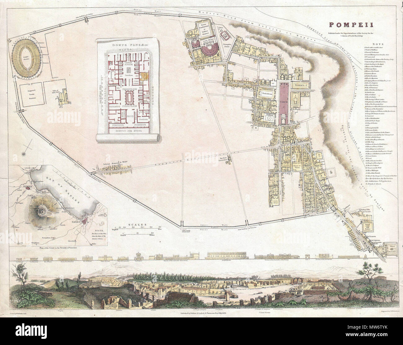 . Pompeji.. Englisch: Ein schönes Beispiel für die 1832 S.D.U.K. Karte von Pompeji, Italien. Pompeji wurde durch den Ausbruch des Vulkans Vesuv zerstört, im Jahre 79 und blieb unter Asche bis zu seiner Wiederentdeckung im Jahre 1748 begraben. Obwohl Ausgrabungen in Prozess für fast 60 Jahre gewesen war, als diese Karte gedruckt wurde, sehr wenig von dieser antiken römischen Stadt hatte ausgegraben worden. Die freigelegten Teile von Pompeji, zur rechten Quadranten der Karte beschränkt, lenkte die Aufmerksamkeit der Welt, wie sie sich mehr und mehr die fantastisch erhaltenen Vergnügen Stadt ausgegraben. Für Engländer und Frauen Italien besuchen als Stockfoto